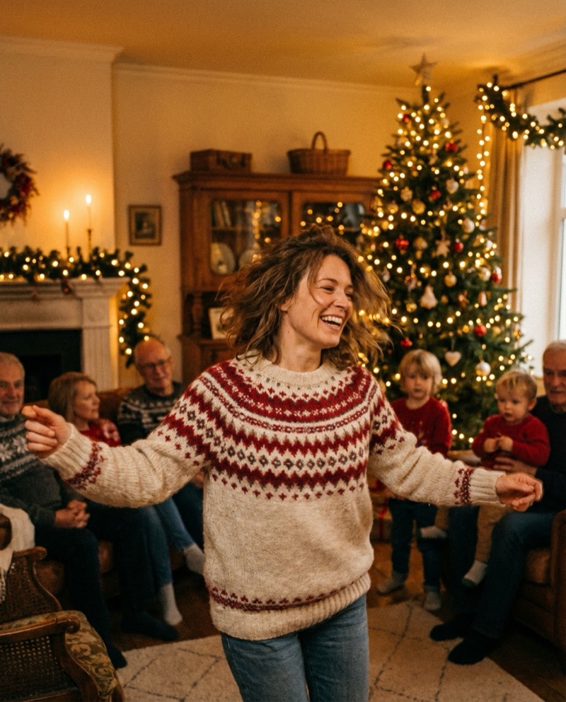 Beispielergebnis: Joyful Woman in Nordic Sweater Dancing at a Nostalgi...