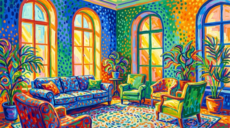 Beispielergebnis: Vibrant Fauvist Style Sunlit Living Room Illustr