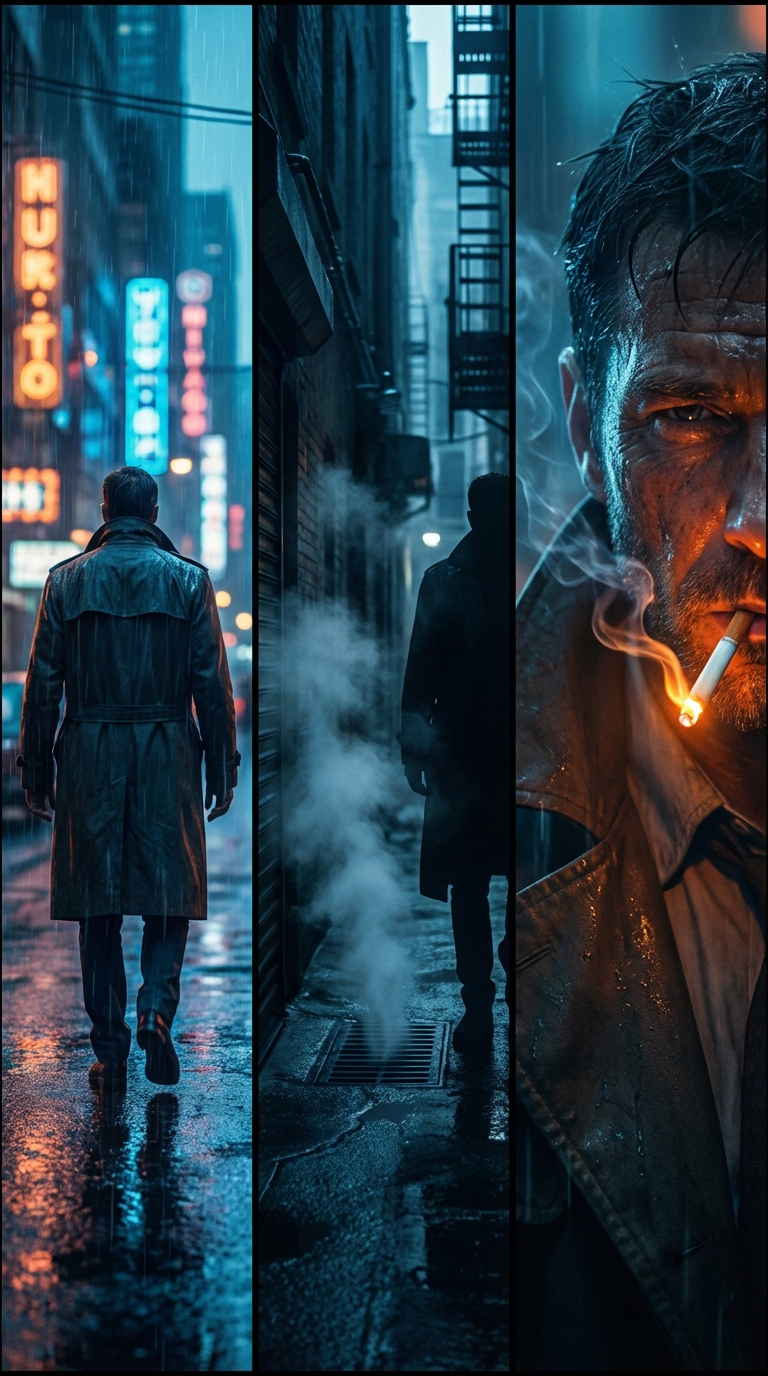 Beispielergebnis: Cinematic Neo-Noir Triptych in Digital Art