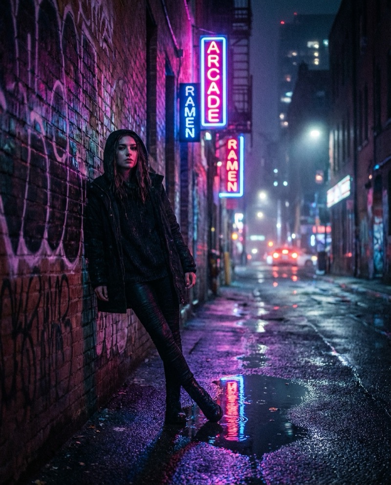 Beispielergebnis: Night Neon Alley (Halbkörper, kantig)
