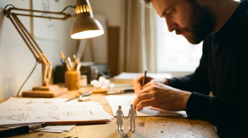 Beispielergebnis: Kreativszene in warmen Tönen mit Papierfiguren