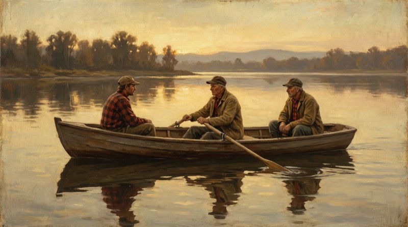 Beispielergebnis: Ruhige Ruderbootszene am Abend im illustrativen Realismus