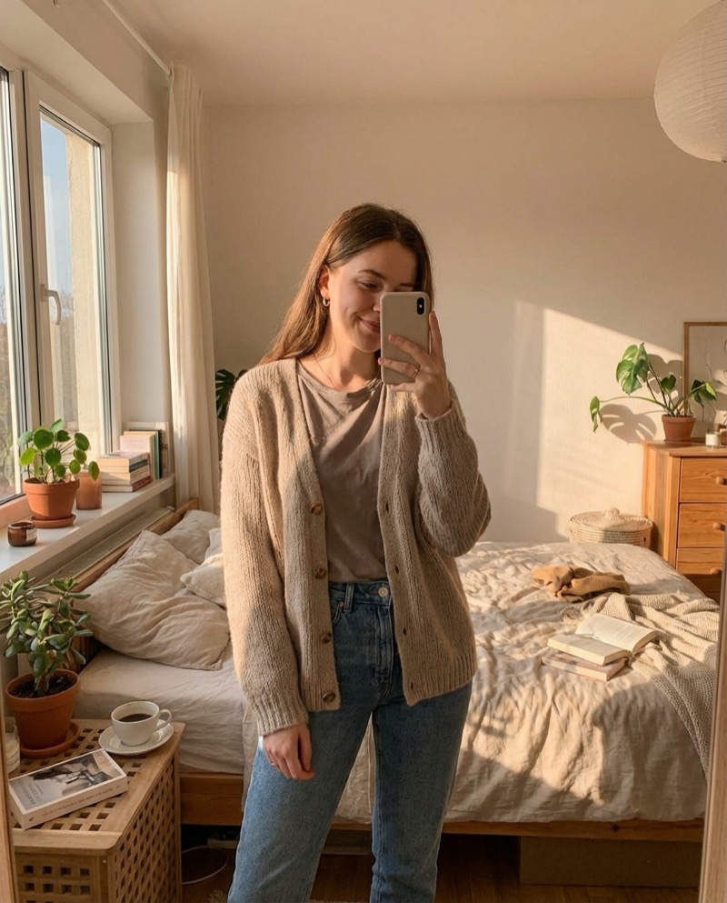 Beispielergebnis: Ruhiges Spiegel-Selfie-Porträt im sonnendurchfluteten Schlaf