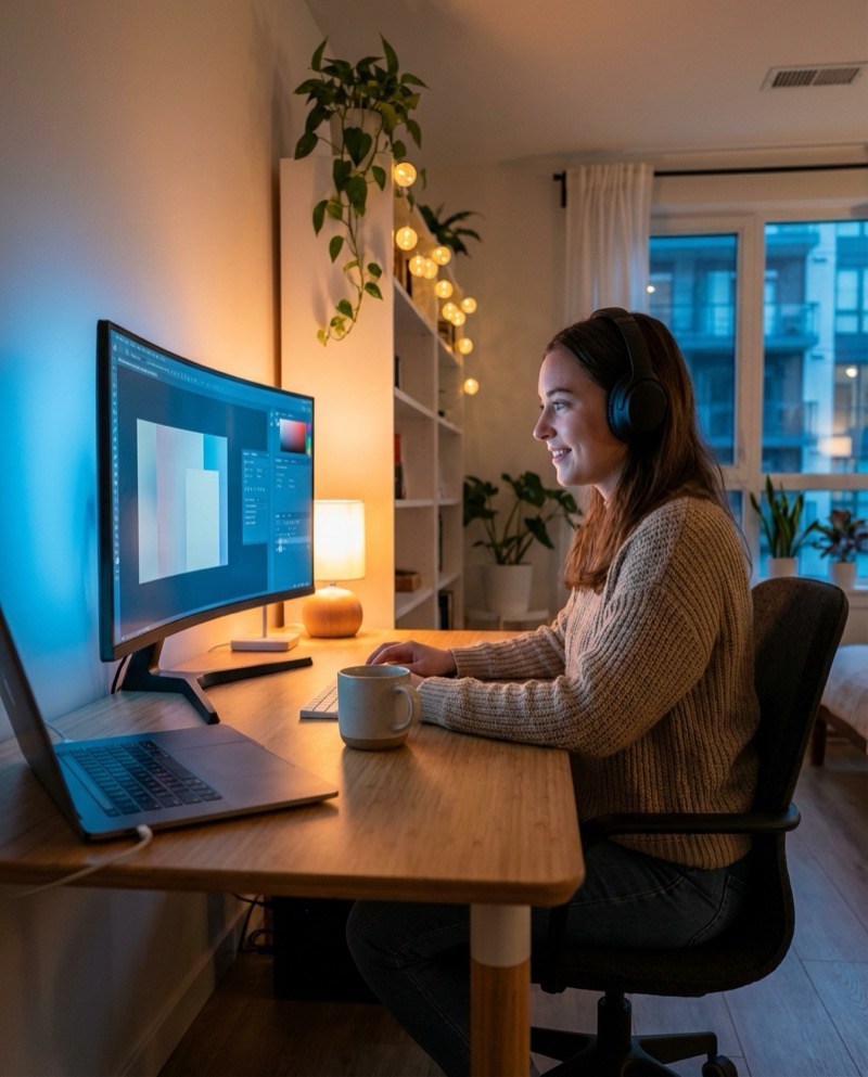 Beispielergebnis: Tech Desk „Builder“ (Halbkörper, gemütliches Monitorlicht)